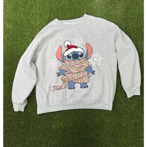 Disney Stitch Christmas Graphic Pullover Sweatshirt Crew Neck Gray XL Women